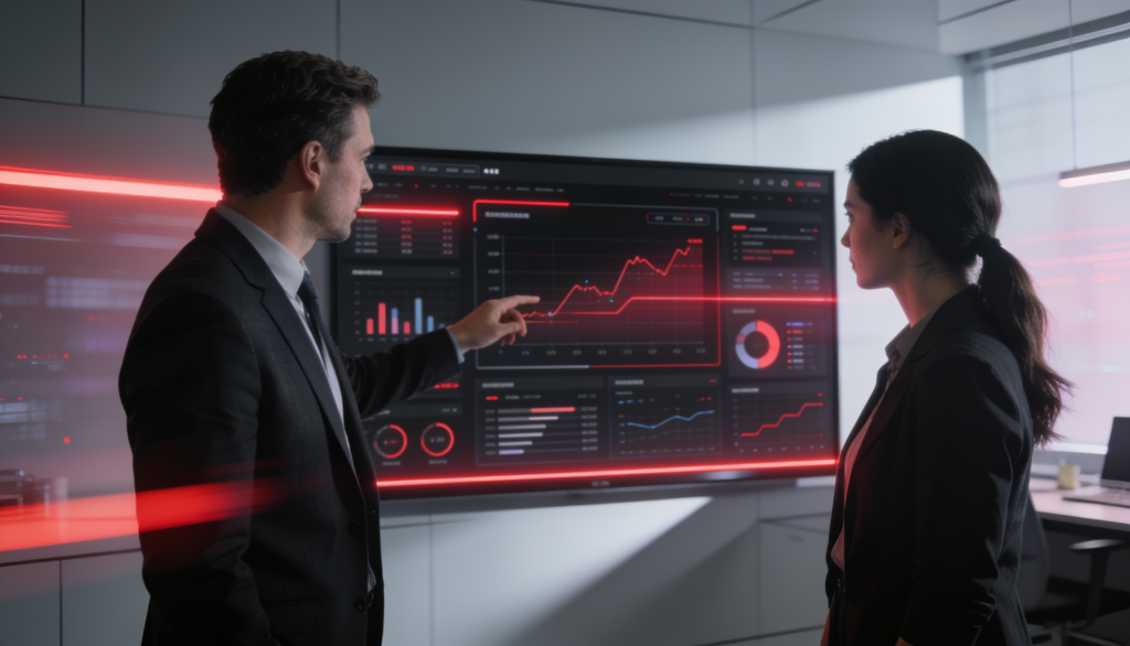 A business leader and employee review performance data and AI-powered analytics on a digital dashboard, discussing technology implementation and business decision-making.