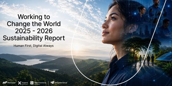 Cover of the ManpowerGroup 2025-2026 Sustainability Report, Working to Change the World: Human First, Digital Always