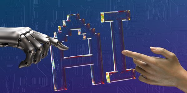 two hands touching each other in front of a blue background