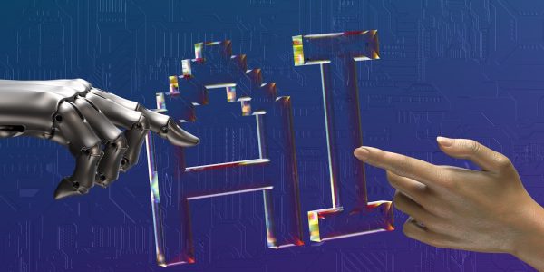 two hands touching each other in front of a blue background