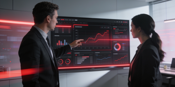 A business leader and employee review performance data and AI-powered analytics on a digital dashboard, discussing technology implementation and business decision-making.