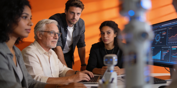 A diverse, multi-generational team collaborates in a modern workplace, reviewing workforce data and AI-driven insights on digital dashboards, representing the future of work, talent development, and employee retention.